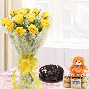 Yellow Roses N Cake With Rocher N Teddy